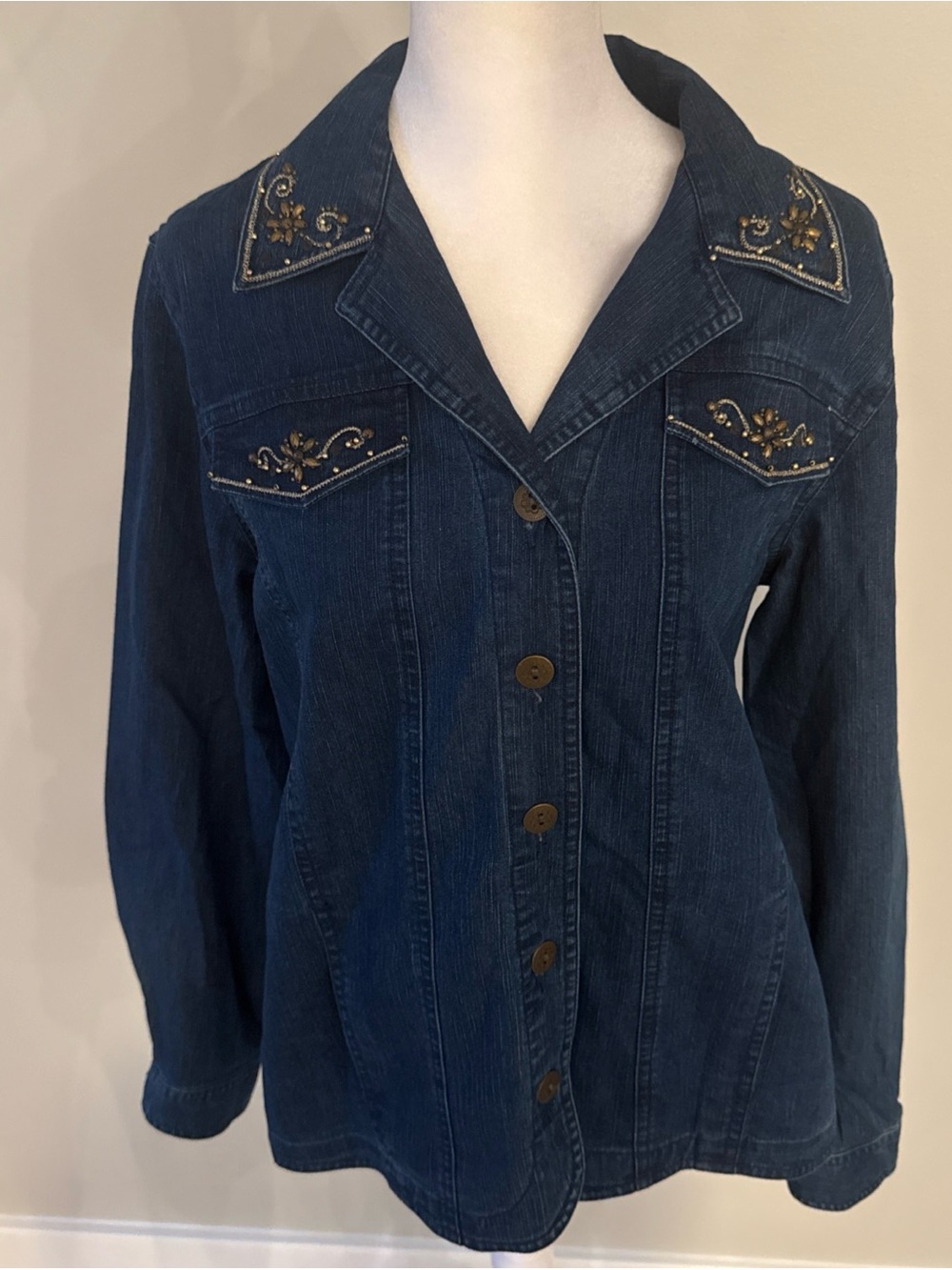 Embellished Dark Blue Women's Denim Jacket Shirt